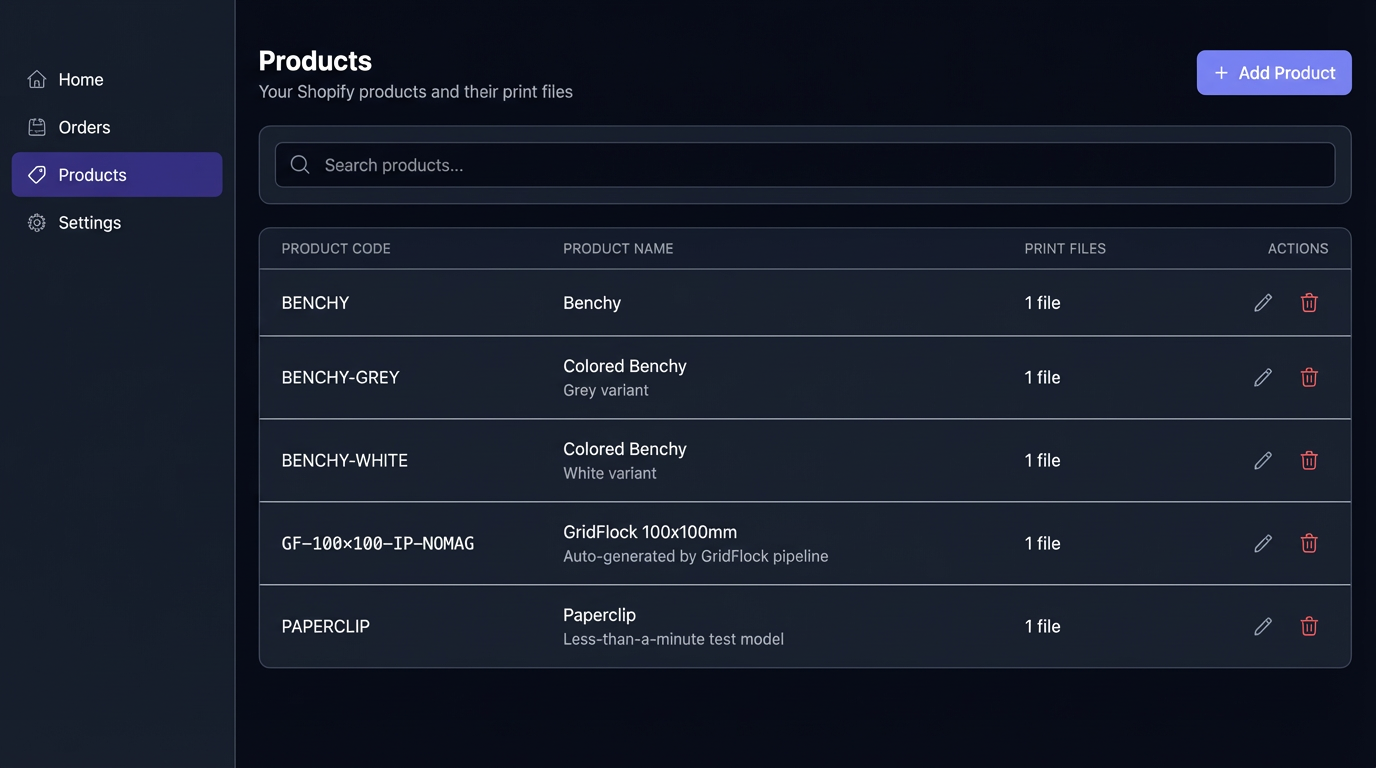 Mockup — Products List Merchant View